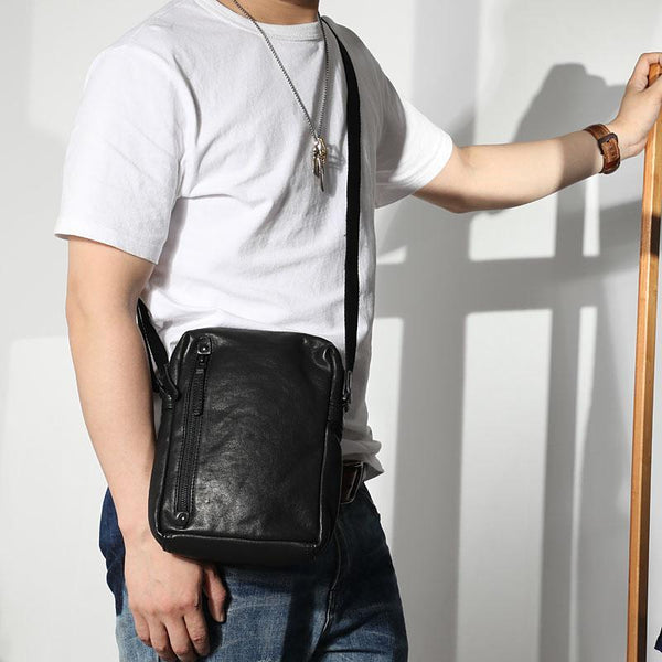 Cool Black LEATHER MEN'S 8 INCHES Small Side BAGs Vertical Coffee MESSENGER BAGs Courier BAG FOR MEN - imessengerbags