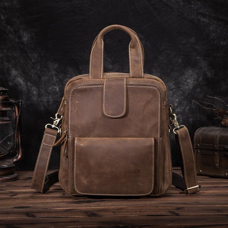Leather Mens Vertical Work Bag Handbag Brown Vertical Small Briefcase Shoulder Bag For Men - imessengerbags