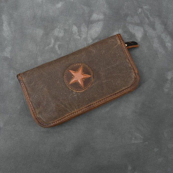 Brown Canvas Mens Long Wallet Zipper Green Clutch Phone Wallet For Men - imessengerbags