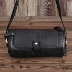 Casual Black Leather Mens Barrel Postman Bag Side Bag Bucket Messenger Bag For Men