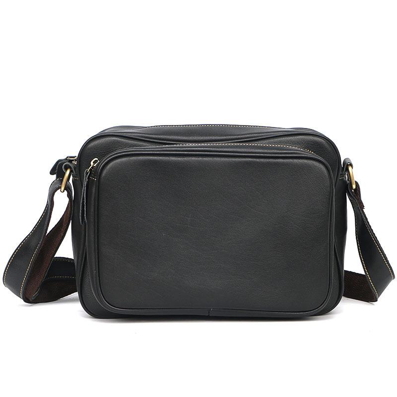 Black Leather Mens Casual Small Courier Bags Messenger Bag Dark Coffee Postman Bags For Men - imessengerbags