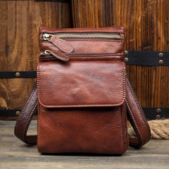 Brown Cool Leather Mens Belt Pouch Bag Mini Messenger Bag Side Bag Waist Bag for Men