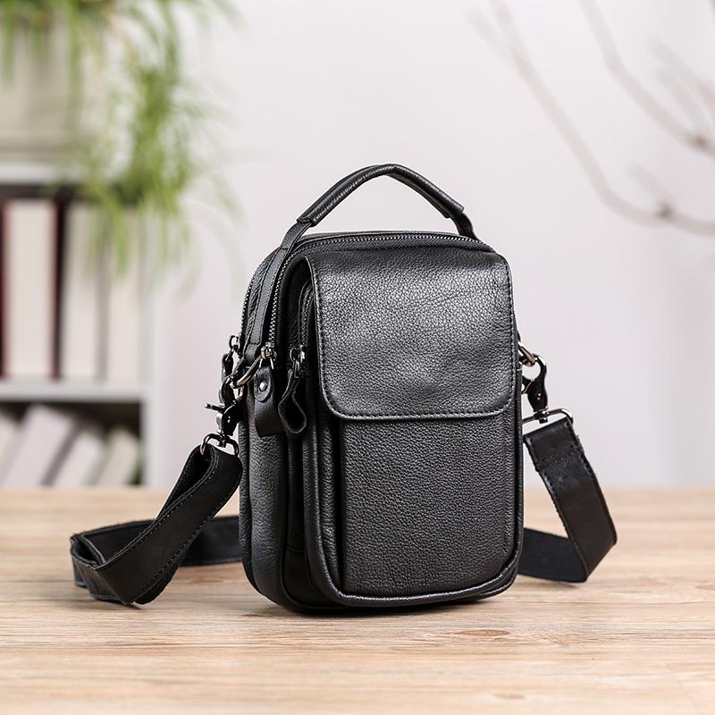 Fashion Black Leather MENS Vertical Small Side Bag Black Messenger Bag Courier Bag For Men - imessengerbags