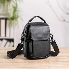 Fashion Black Leather MENS Vertical Small Side Bag Black Messenger Bag Courier Bag For Men