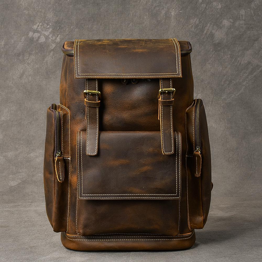 Brown Leather Mens 15" Laptop Backpack Travel Backpack Coffee College Backpack for Men - imessengerbags