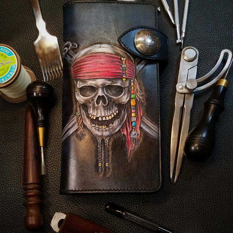 Badass Leather Men's Pirate Skull Long Biker Wallet Handmade