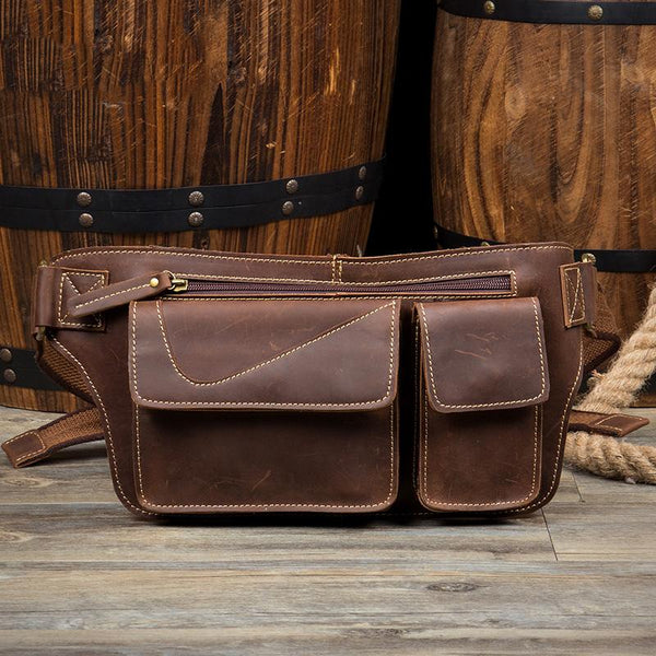 Vintage Brown Leather Fanny Pack Mens Waist Bags Hip Pack Belt Bags Bumbags for Men