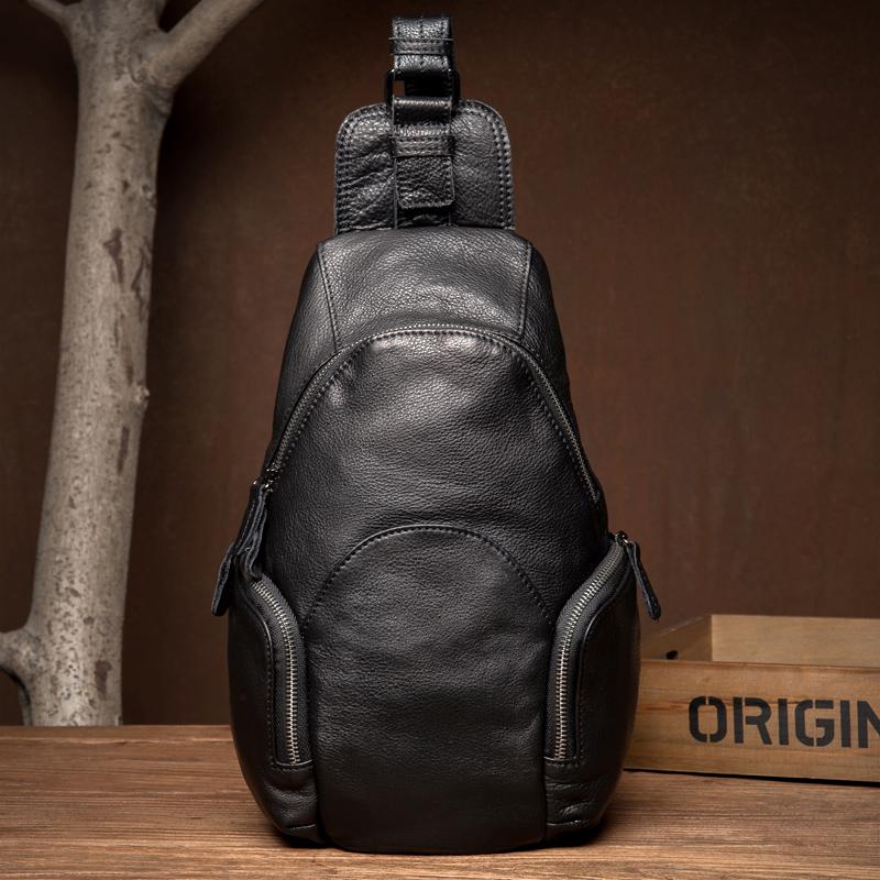 Black Leather Mens Cool Crossbody Pack Sling Bags Black Sling Pack Chest Bag for Men - imessengerbags