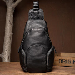 Black Leather Mens Cool Crossbody Pack Sling Bags Black Sling Pack Chest Bag for Men - imessengerbags