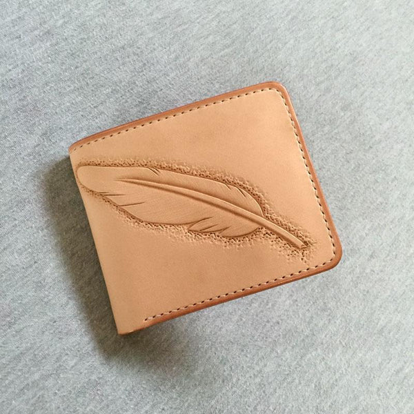 Handmade Leather Mens Tooled Feather Cool billfold Leather Wallet Men Small Wallets Bifold for Men - imessengerbags