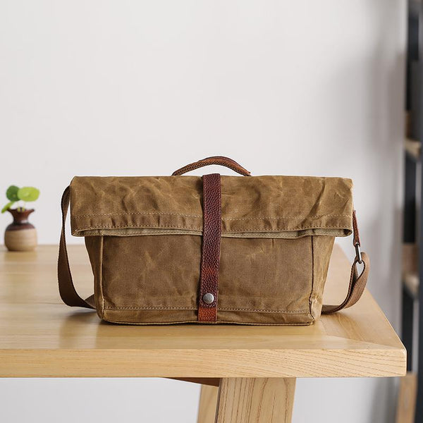 Waxed Canvas Mens Womens Side Bag 13‘’ Khaki Courier Bag Messenger Bag for Men