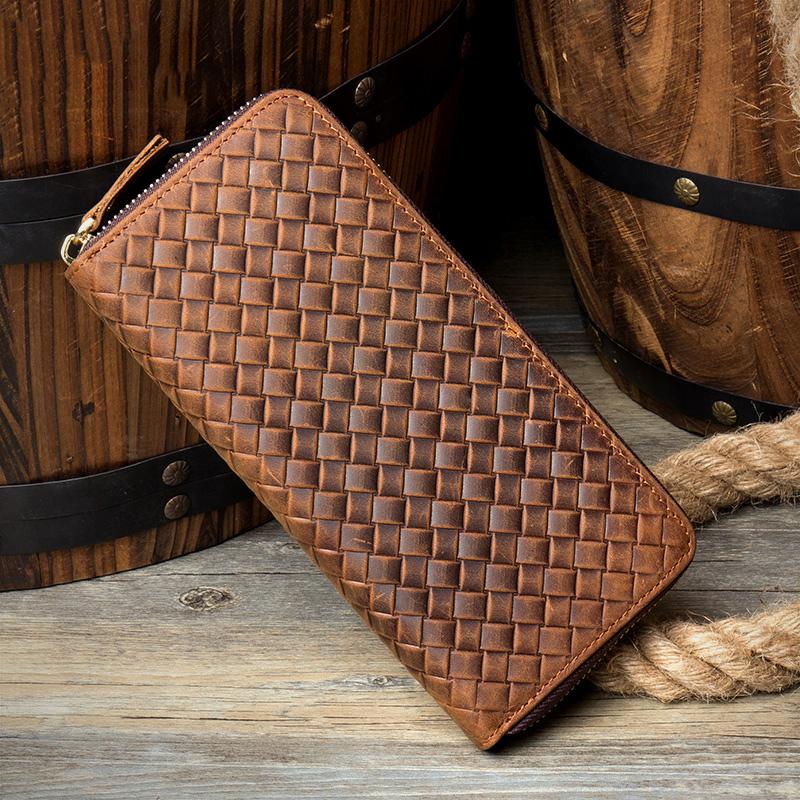 Brown Woven Mens long Wallet Wristlet Wallet Clutch Wallet Zipper Bifold Long Wallet for Men - imessengerbags