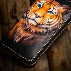 Handmade Leather Men Tooled Tiger Cool Leather Wallet Long Phone Clutch Wallets for Men - imessengerbags