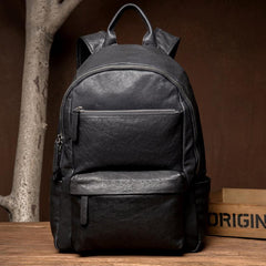 Fashion Black Mens Leather 13-inch Computer Backpack Black Travel Backpack School Backpack for men - imessengerbags