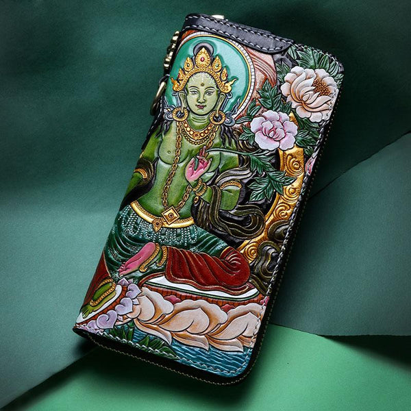Handmade Leather Green Tara Buddhism Mens Chain Biker Wallet Cool Leather Wallet With Chain Wallets for Men - imessengerbags