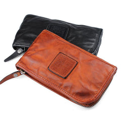 Cool Leather Mens Brown Long Chain Wallet Black Wristlet Wallet Black Clutch Wallet for Men - imessengerbags