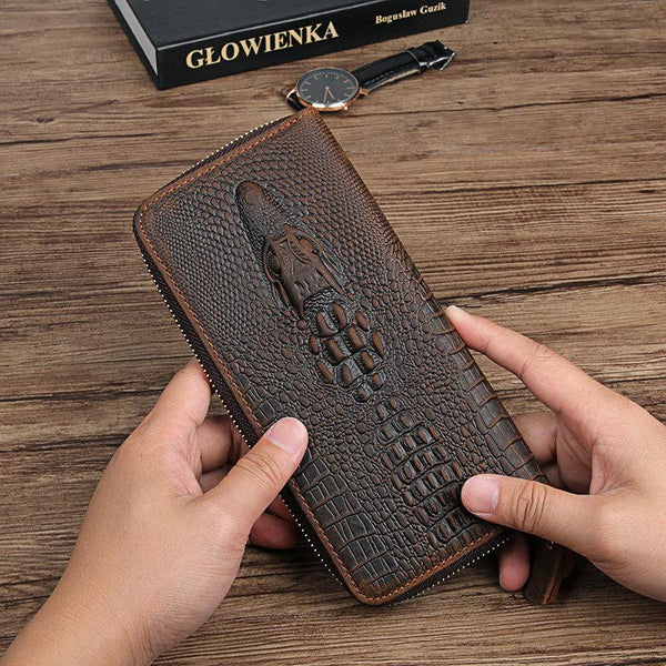 Cool Crocodile Pattern Brown Mens Leather Long Wallet Bifold Zip Long Wallet for Men