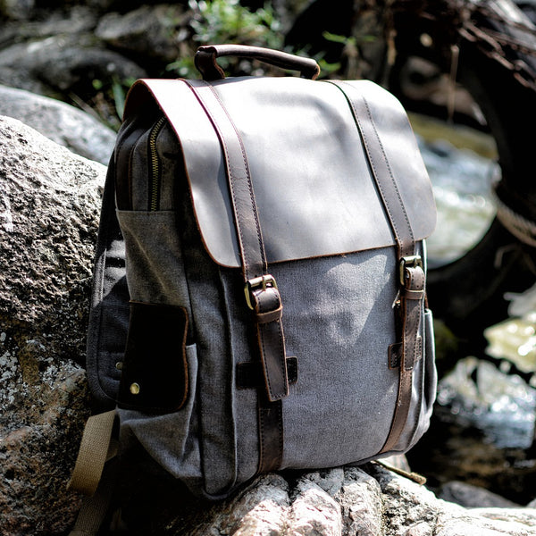 Cool Canvas Leather Mens College Backpack Travel Backpack 15'' Computer Hiking Backpack for Men - imessengerbags