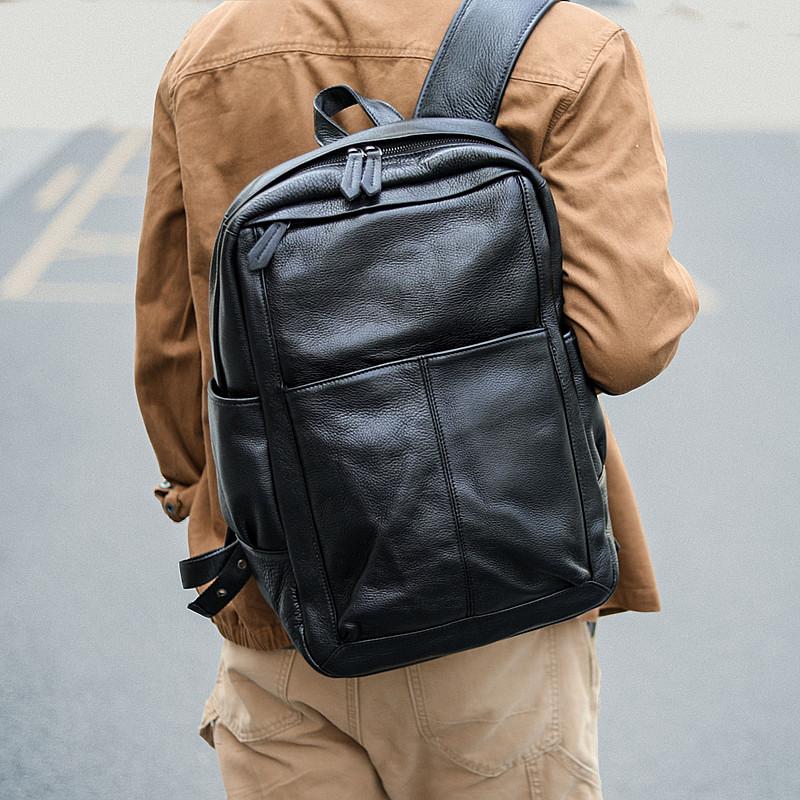 Black Cool Leather Mens School Backpack College Backpack 15" Black Computer Backpack For Men - imessengerbags