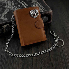 BADASS BROWN LEATHER MENS TRIFOLD SMALL BIKER WALLET BLACK CHAIN WALLET WALLET WITH CHAIN FOR MEN - imessengerbags