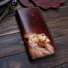 Dark Coffee Handmade Tooled Lion Leather Mens Bifold Long Wallet Zipper Clutch For Men - imessengerbags