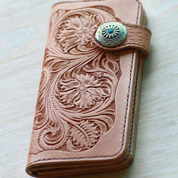 Handmade Mens Tooled Floral Beige Leather Long Biker Wallet Cool Long Chain Wallet for Men