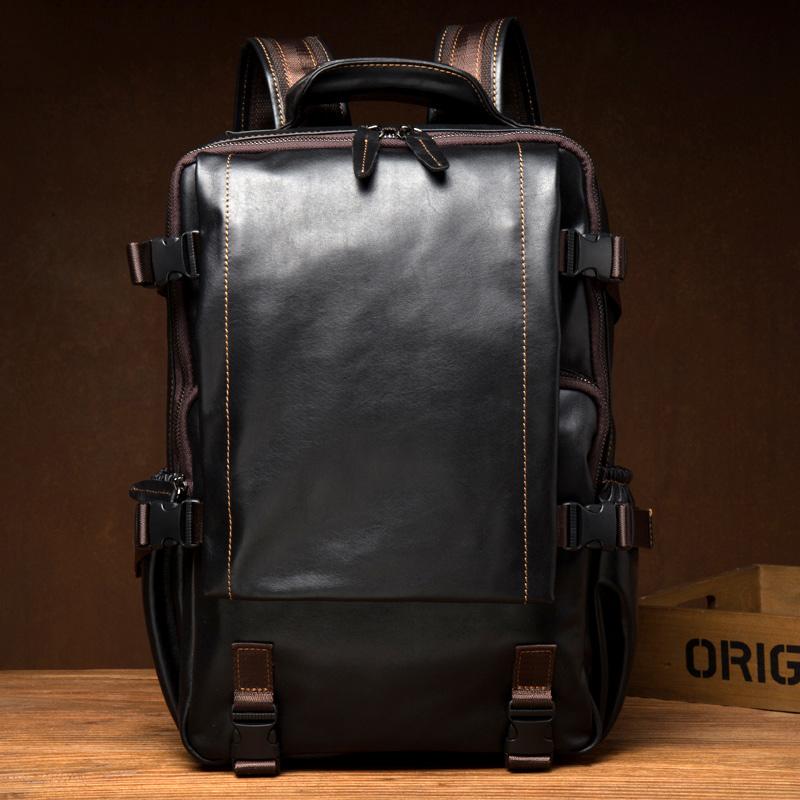 Black Fashion Mens Leather 14-inch Computer Backpacks Cool Travel Backpack School Backpack for men - imessengerbags