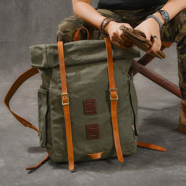 Cool Canvas Leather Mens Womens 16" Army Green Hiking Backpack Travel Backpack College Backpack  for Men - imessengerbags