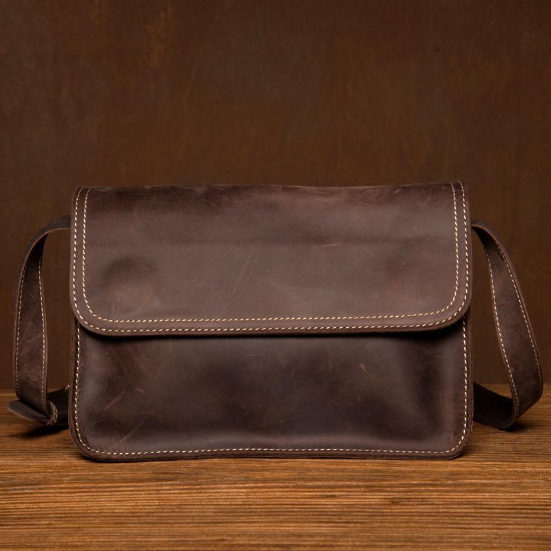 Cool Dark Brown Mens Leather 8inches Small Courier Bag Side Bags Messenger Bags for Men