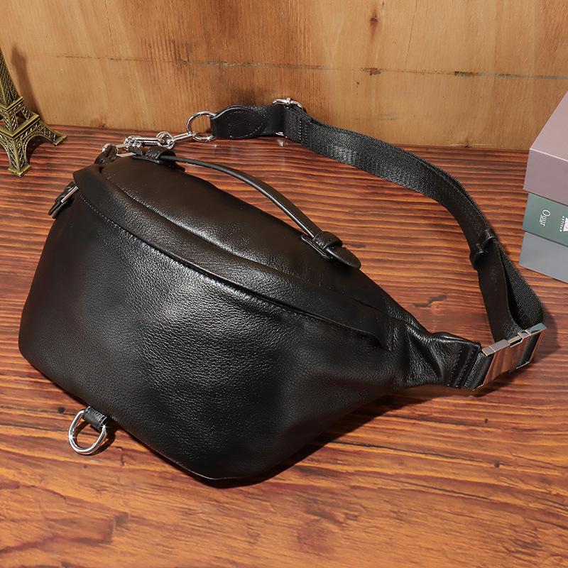 Black MENS LEATHER FANNY PACK BUMBAG Fanny Bag Black WAIST BAGS For Men