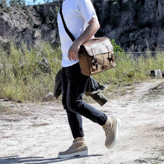 Cool Canvas Leather Mens Side Bag Black Shoulder Bag Khaki Messenger Bag for Men - imessengerbags