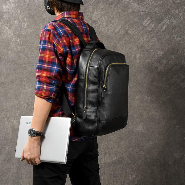 Black Leather Mens 15" Laptop Backpack Hiking Backpack Travel Backpack College Backpack for Men - imessengerbags
