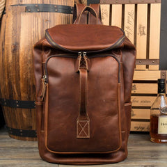 Black Fashion Mens Leather 15-inch Computer Barrel Backpack Brown Travel Bucket Backpacks School Backpacks for men - imessengerbags