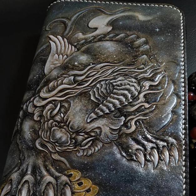 Badass Black Leather Men's Chinese Monster Long Biker Wallet Handmade Tooled Zipper Long Wallets For Men