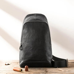 Black Cool Leather Mens Sling Bag Chest Bag Black One Shoulder Backpack Sling Pack for Men - imessengerbags