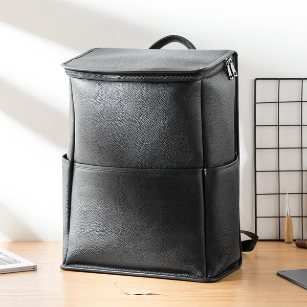 Black Fashion Mens Leather 15-inch Computer Backpacks Business Travel Backpacks College Backpack for men - imessengerbags