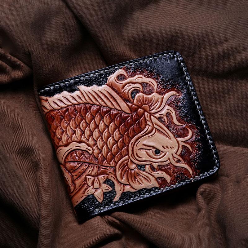 Handmade Leather Carp Tooled Mens billfold Wallet Cool Leather Wallet Slim Wallet for Men - imessengerbags