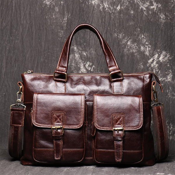 Oiled Leather Men's Red Brown Professional Briefcase 14‘’ Laptop Handbags Business Bag For Men - imessengerbags