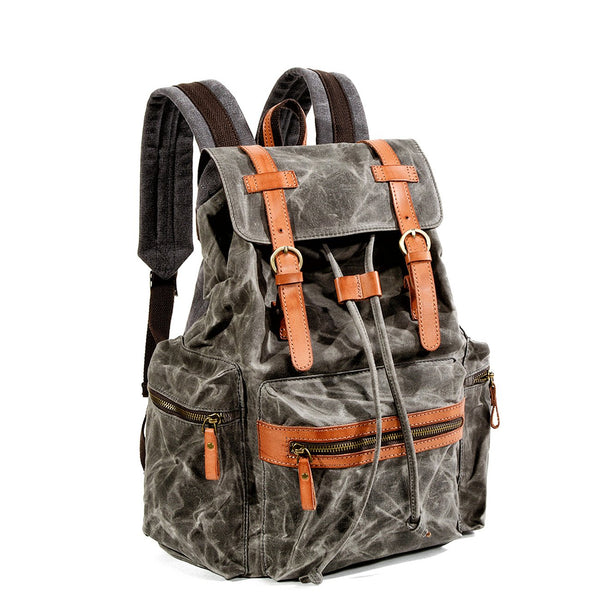 Gray Waxed Canvas Mens Waterproof Large 14‘’ Hiking Backpack Travel Backpack Computer Backpack College Backpack for Men - imessengerbags