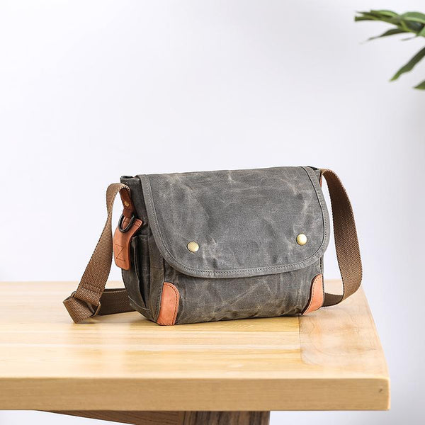 Wax Canvas Leather Mens 10'' Gray Side Bag Courier Bag Khaki Messenger Bag for Men