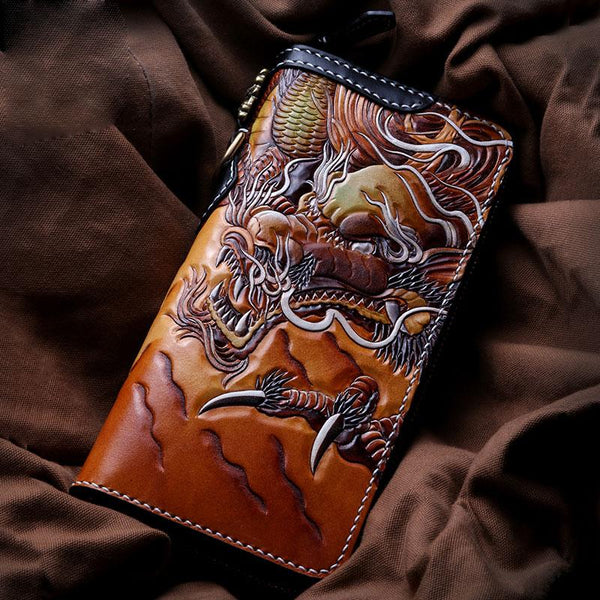 Handmade Leather Tooled Chinese Dragon Tiger Mens Chain Biker Wallet Cool Leather Wallet Zipper Long Phone Wallets for Men - imessengerbags