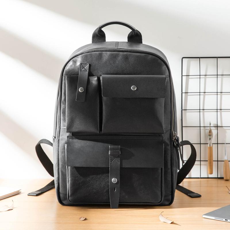 Casual Black Mens Leather School Backpacks Travel Backpacks 14-inch Laptop Backpack for men