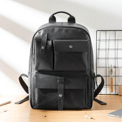 Casual Black Mens Leather School Backpacks Travel Backpacks 14-inch Laptop Backpack for men - imessengerbags