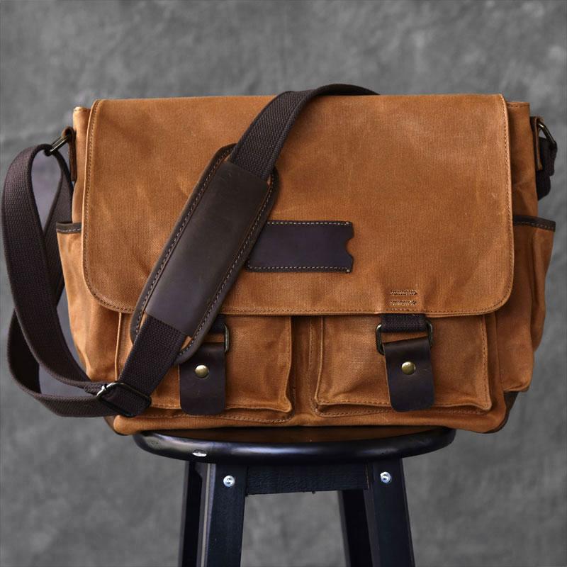 Canvas Leather Mens Large Khaki Side Bag 14'' Brown Messenger Bag Shoulder Bag For Men - imessengerbags