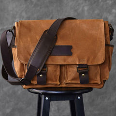 Canvas Leather Mens Large Khaki Side Bag 14'' Brown Messenger Bag Shoulder Bag For Men - imessengerbags
