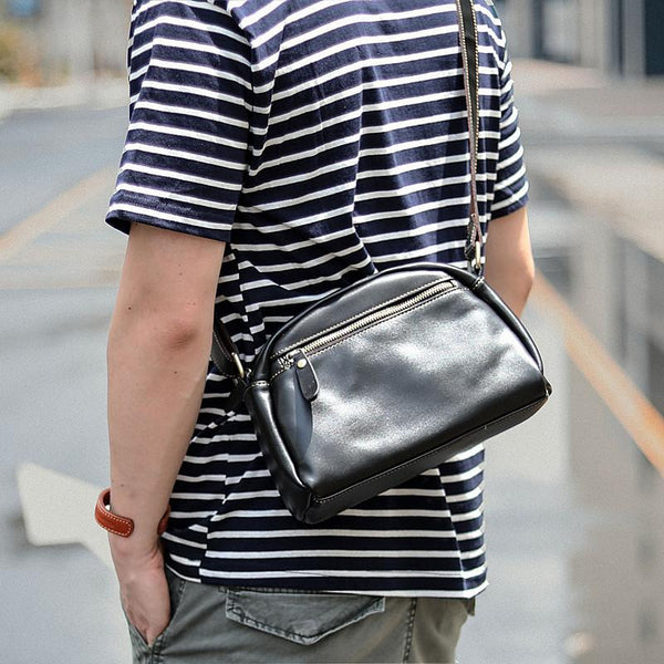 Black Leather Mens Casual Small Saddle Courier Bags Messenger Bag Coffee Brown Postman Bags For Men - imessengerbags