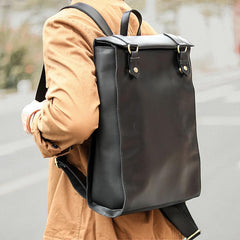 Cool Black Leather Mens Travel Backpack Work Handbag 14 inches Work Backpack For Men