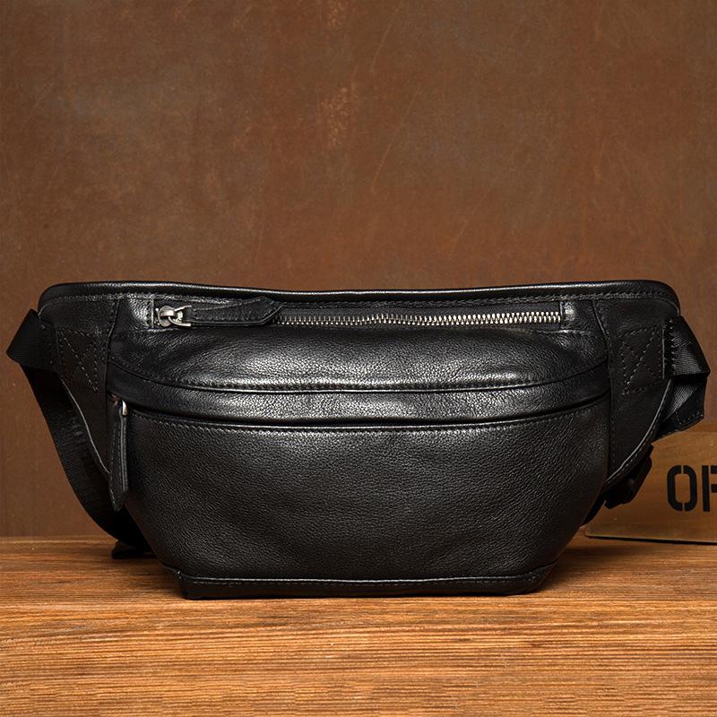 Cool Black Leather Fanny Pack Mens Waist Bag Hip Pack Black Belt Bags Bumbag for Men