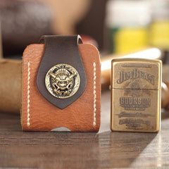 Handmade Brown Leather Mens Armor Zippo Lighter Cases With Belt Loop Zippo Standard Lighter Holders For Men