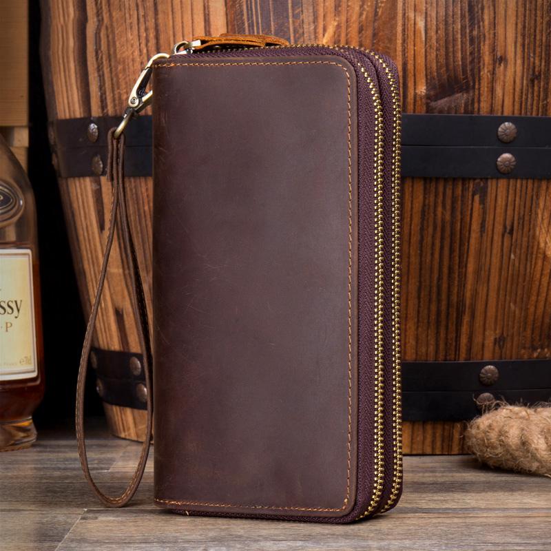 Cool Dark Brown Mens Bifold Zipper Long Wallet Clutch Wallet Wristlet CellPhone Wallet for Men - imessengerbags